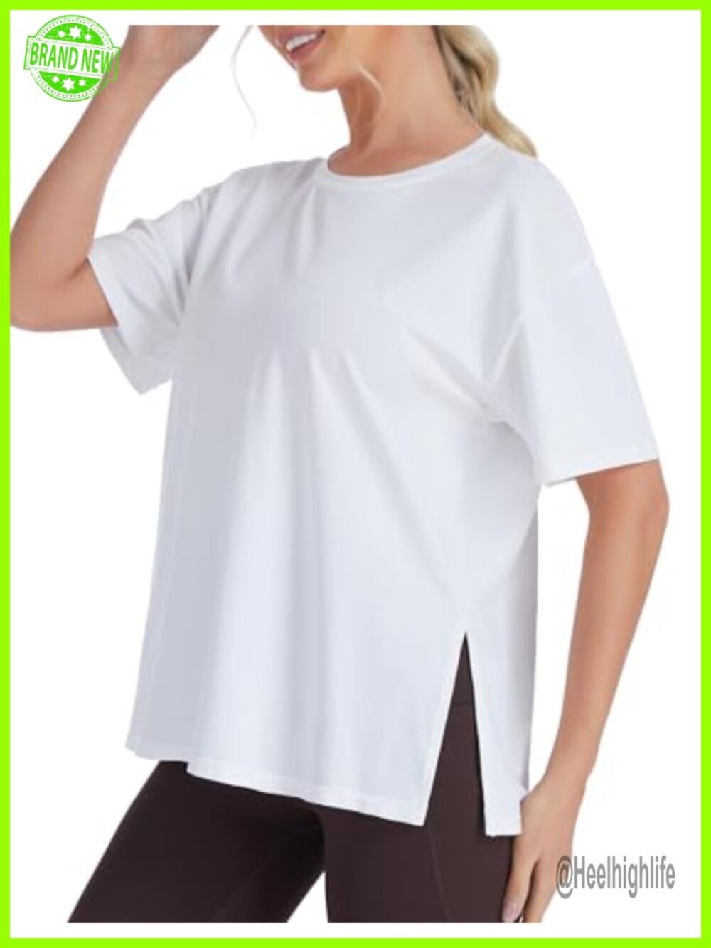 Loose Fit Workout T-Shirt Crew Neck Drop Shoulder Side Slit Casual Gym Top
